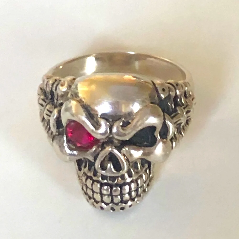 925 silver 13 size ring biker skull vertebrae red cz stone eye